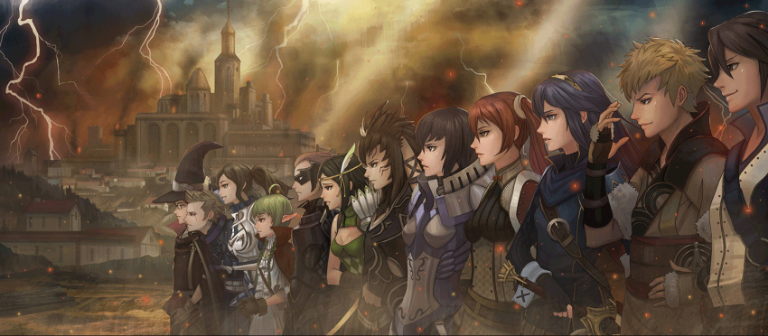 6+boys 6+girls animal_ears animated animated_gif armor azur_(fire_emblem) breastplate breasts bredy_(fire_emblem) castle chambray circlet city cleavage cleavage_cutout clouds cloudy_sky cynthia_(fire_emblem) degel domino_mask embers eudes_(fire_emblem) everyone fire_emblem fire_emblem:_kakusei jerome_(fire_emblem) laurent lightning lucina mask multiple_boys multiple_girls nintendo nn_(fire_emblem) noire_(fire_emblem) scar selena_(fire_emblem) side-by-side sky smoke sunlight sword tiara twintails wizard_hat yagaminoue
