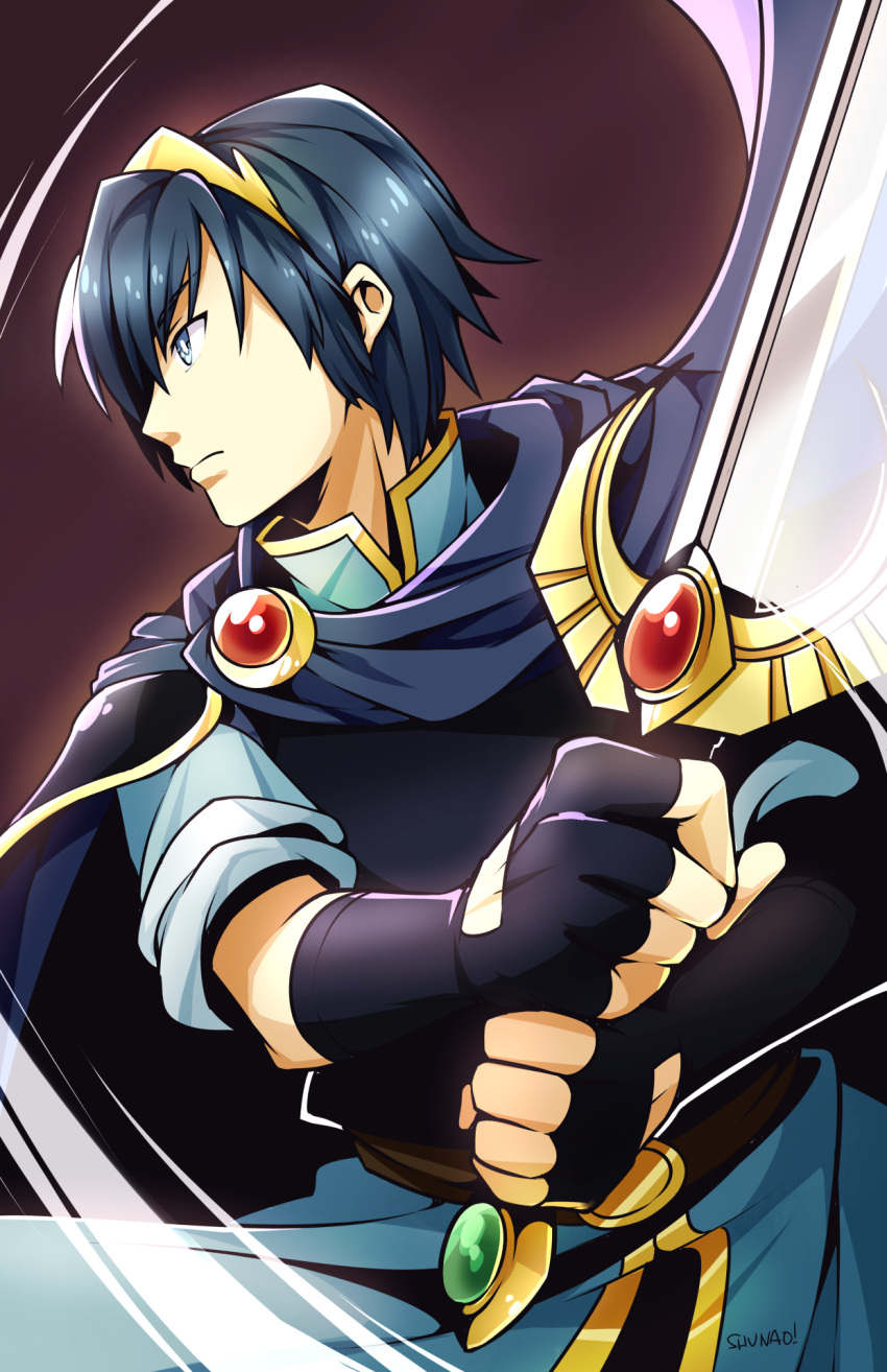 1boy blue_eyes blue_hair cape fingerless_gloves fire_emblem fire_emblem:_mystery_of_the_emblem gloves lyn_(shunao) male_focus marth nintendo short_hair solo sword