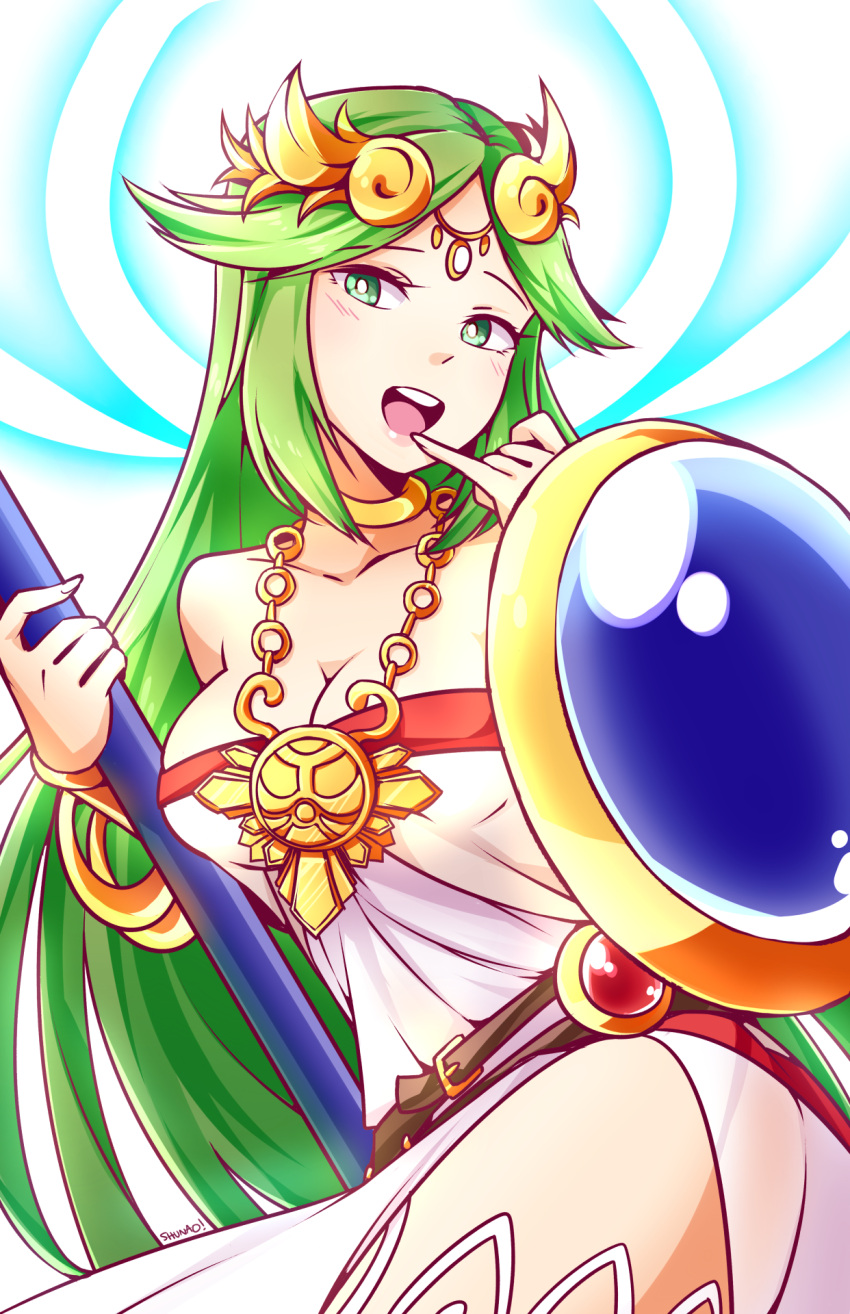 1girl bare_shoulders breasts cleavage green_hair jewelry kid_icarus kid_icarus_uprising lyn_(shunao) necklace nintendo palutena sheild solo staff tiara