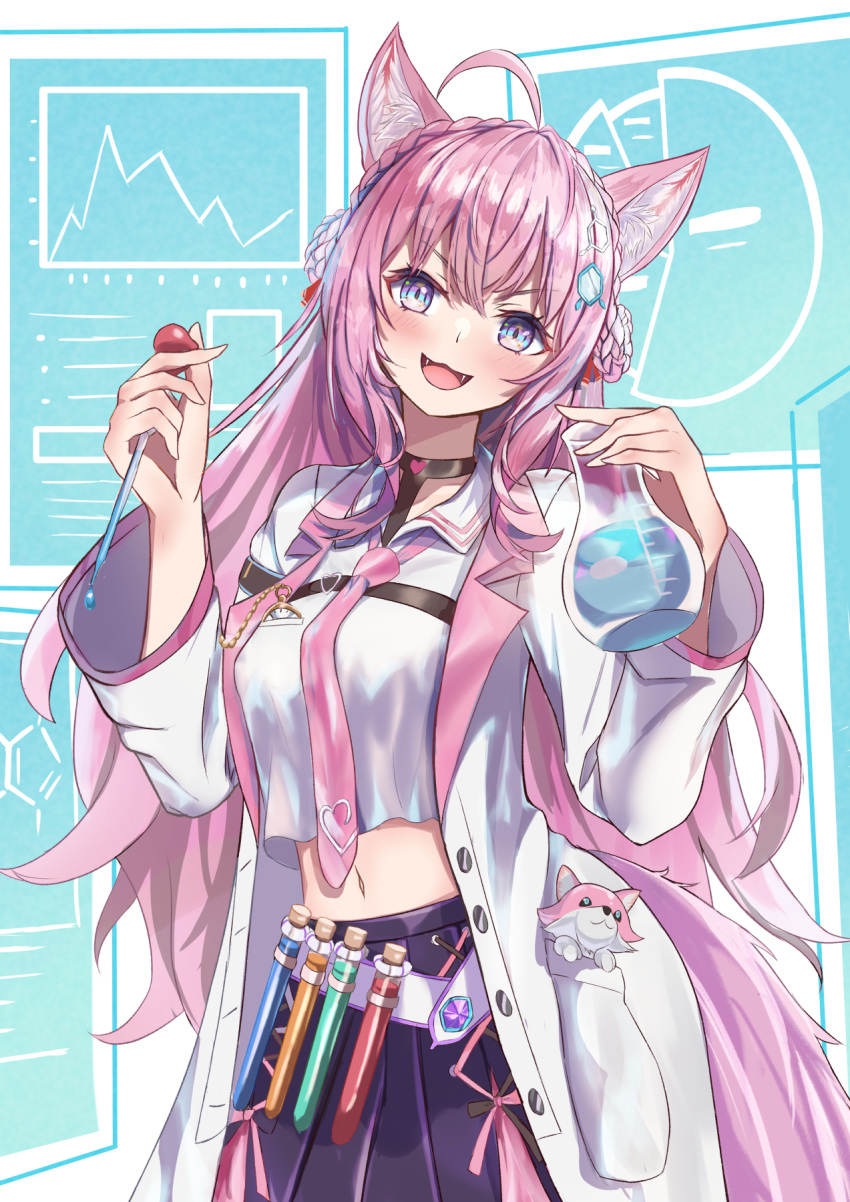 1girl ahoge antenna_hair belt braid breast_pocket breasts cartesian_chart chain chemical_structure chemicals coat collared_shirt commentary_request cowboy_shot coyote_ears coyote_girl coyote_tail cropped_shirt crown_braid fangs flask graph hakui_koyori highres holding holding_flask holding_pipette holographic_interface hololive labcoat long_hair long_sleeves looking_at_viewer medium_breasts midriff navel necktie open_mouth oramustat pie_chart pink_hair pink_necktie pleated_skirt pocket pocket_watch purple_skirt shirt skirt sleeves smile solo test_tube violet_eyes virtual_youtuber watch white_belt white_coat white_shirt