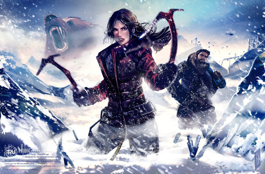 1boy 1girl animal bear beard bird brown_eyes brown_hair clouds coat cold dual_wielding epic facial_hair gloves helicopter ice_axe lara_croft long_hair mountain open_mouth red_coat short_hair snow standing tomb_raider weapon