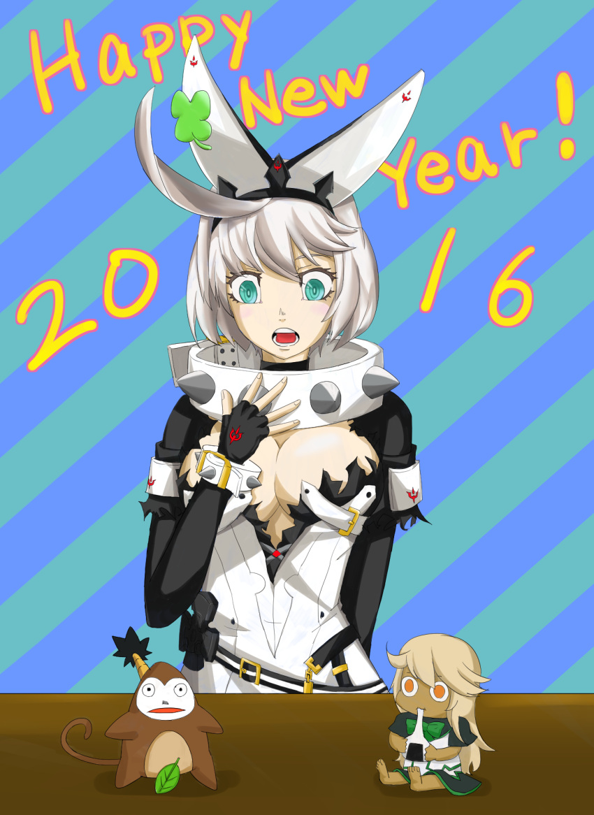 1boy 2016 2girls ahoge aqua_eyes arc_system_works artist_request blush breasts cameo cleavage clover dress elphelt_valentine fingerless_gloves four-leaf_clover gloves guilty_gear guilty_gear_xrd guilty_gear_xrd:_revelator large_breasts multiple_girls open_mouth ramlethal_valentine short_hair silver_hair spiked_collar spikes stuffed_toy