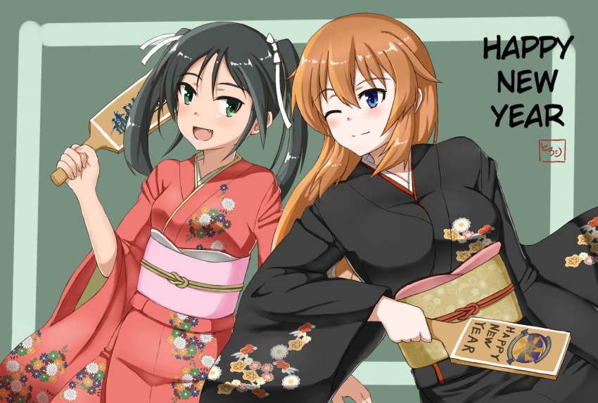 2girls :d black_hair blue_eyes blush brown_hair charlotte_e_yeager fang francesca_lucchini green_eyes hagoita hair_ribbon happy_new_year hard_translated highres hiroshi_(hunter-of-kct) japanese_clothes kimono long_hair multiple_girls new_year obi one_eye_closed open_mouth paddle ribbon sash signature smile strike_witches translated twintails