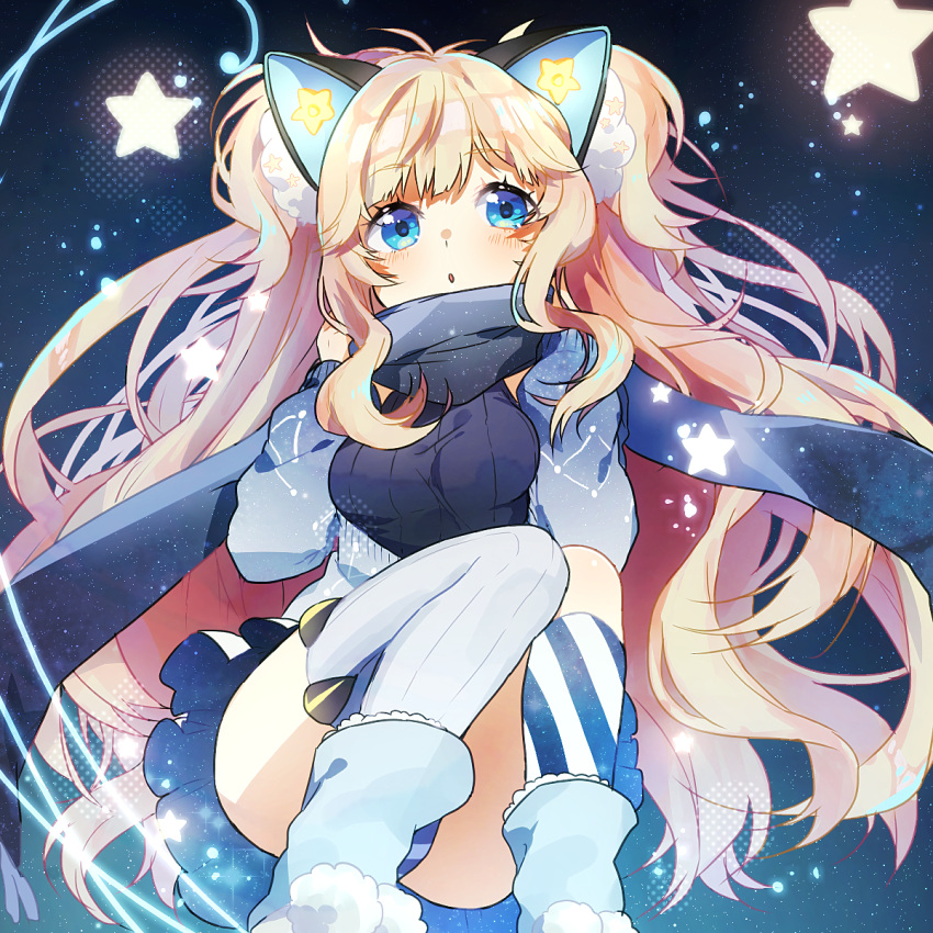 1girl blonde_hair blue_eyes blush dress female long_hair scarf seeu stars thigh-highs twintails vocaloid yuya_kyoro