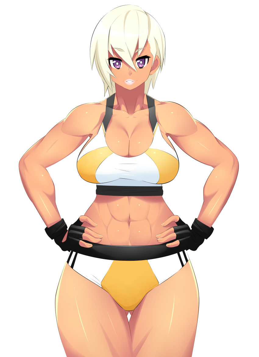 1girl abs artist_request borrowed_character breasts cleavage curvy dark-skinned_girl_(23) dark_skin female hands_on_hips large_breasts looking_at_viewer muscle navel parted_lips smile solo standing thick_thighs violet_eyes white_hair wide_hips