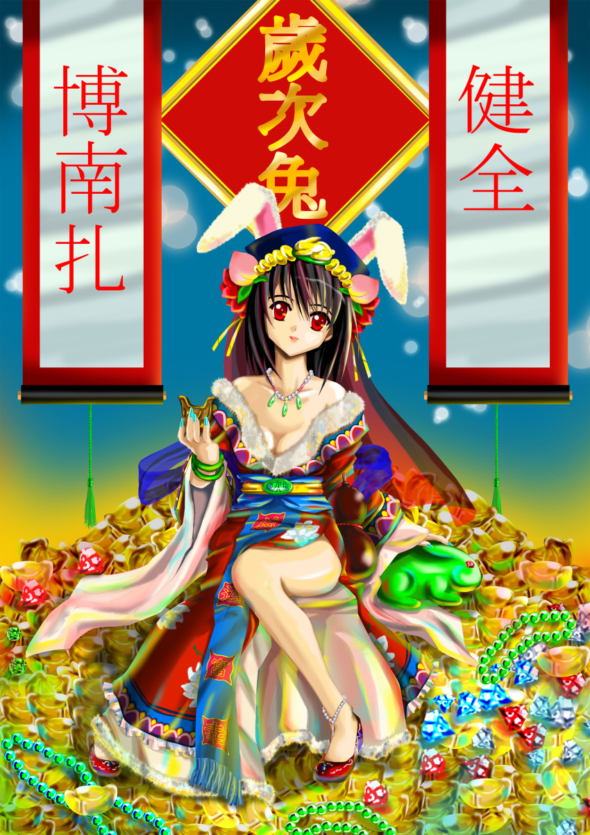 1girl animal_ears chinese gem head_tilt jewelry looking_at_viewer nail_polish necklace off_shoulder original rabbit_ears red_eyes solo tagme tan_(knock_up) text translation_request treasure