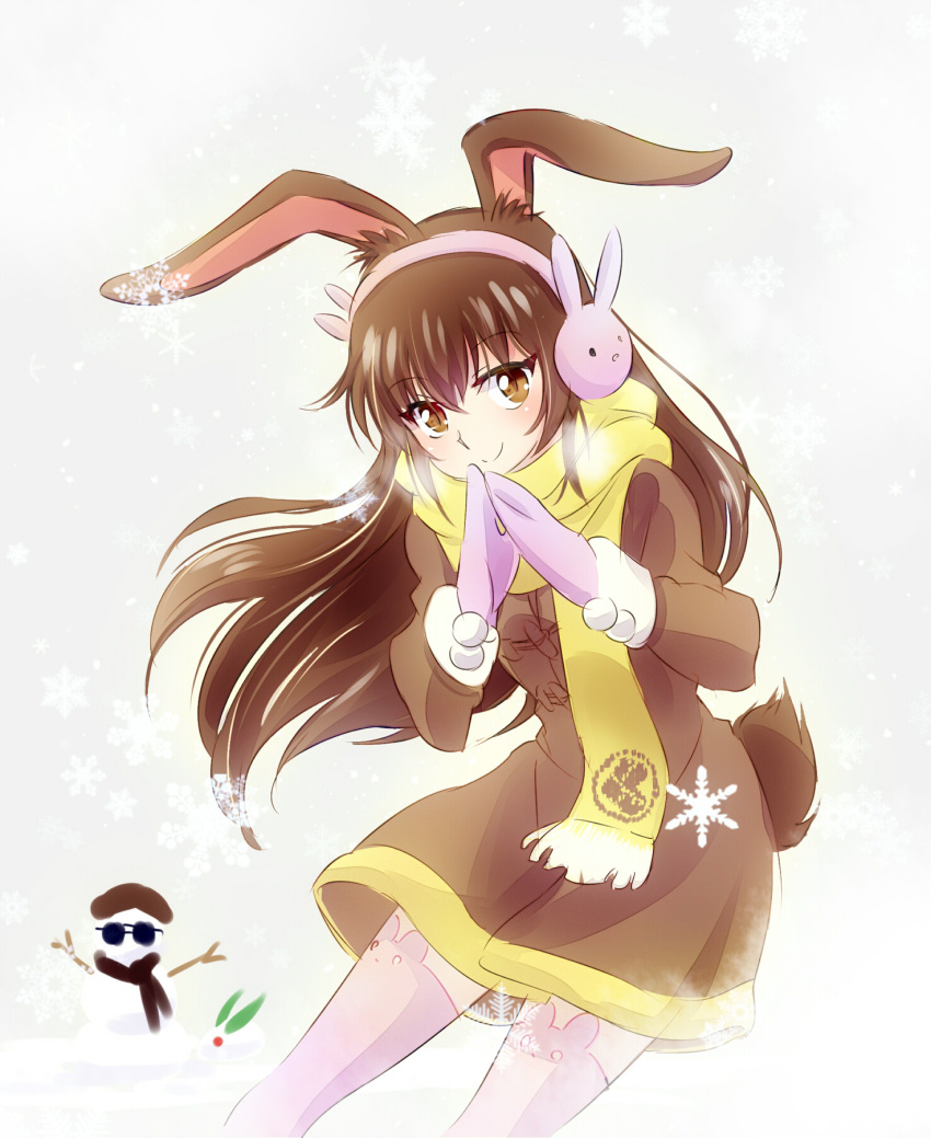 1girl animal_ears brown_eyes brown_hair coat coco_adel earmuffs gloves iesupa long_hair rabbit_ears rwby scarf snow snowman thigh-highs velvet_scarlatina