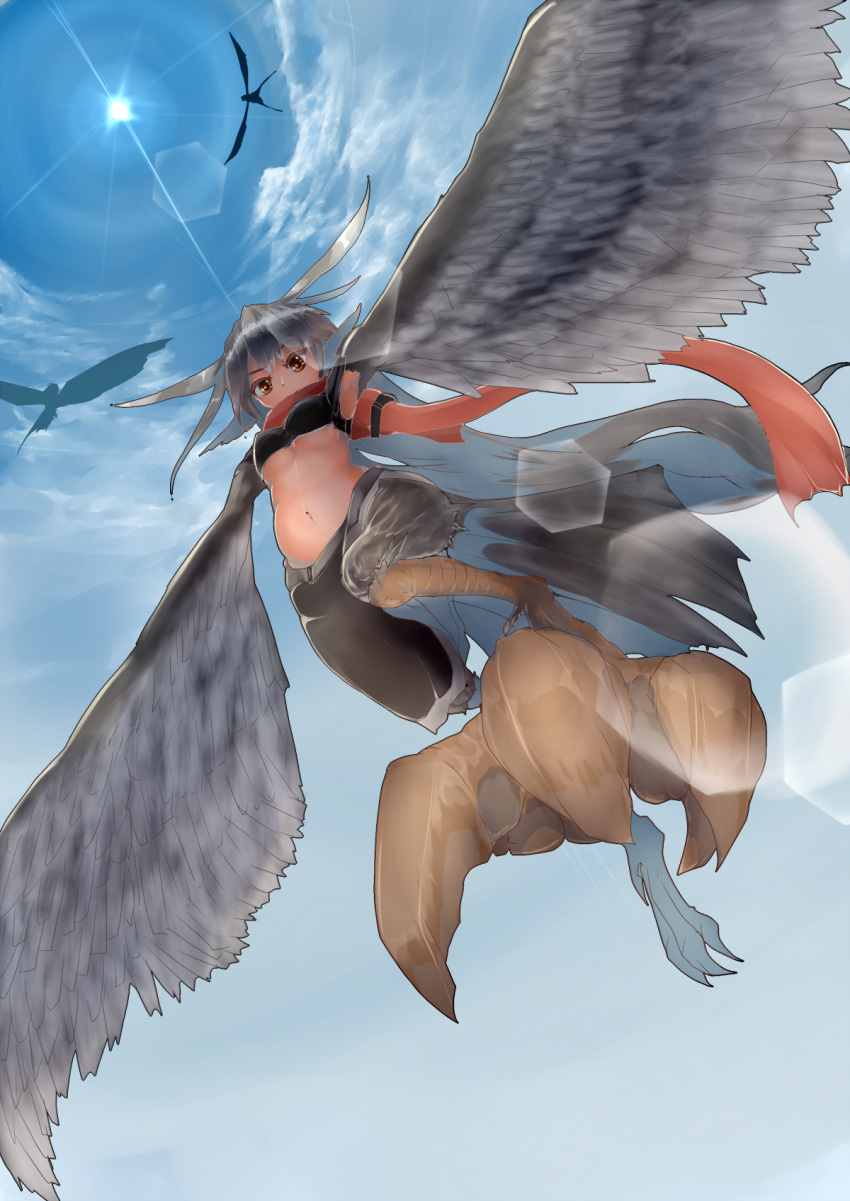 1girl feathers female foreshortening from_below harpy midriff monster_girl original rnd.jpg shorts silver_hair smile talons wings