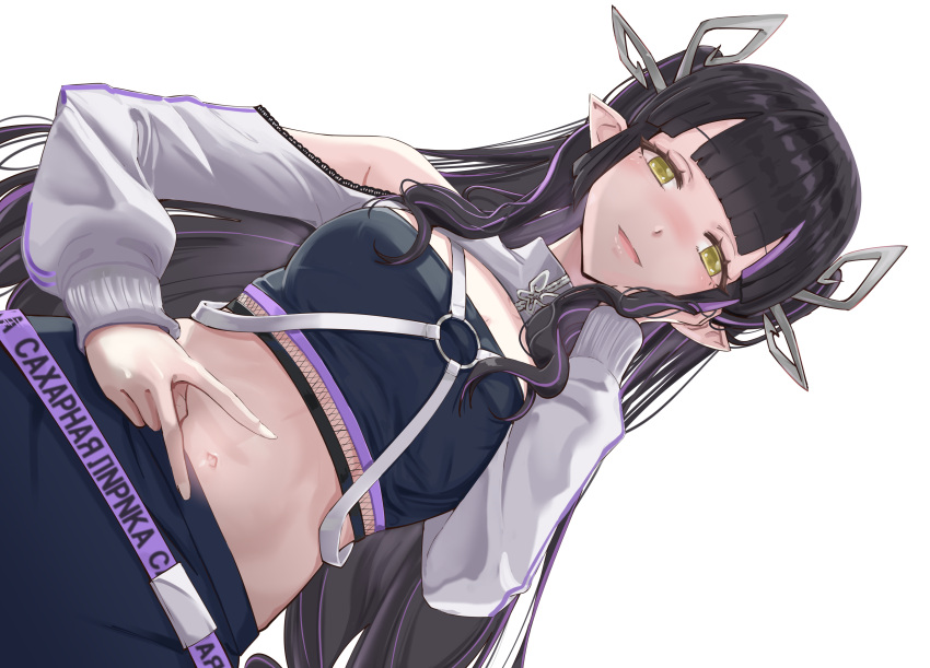 1girl absurdres bangs black_hair black_skirt black_tube_top blush breasts commentary cowboy_shot demon_horns eyebrows_visible_through_hair grey_jacket hand_on_own_cheek hand_on_own_face highres horns jacket kojo_anna long_hair long_sleeves looking_at_viewer medium_breasts multicolored_hair navel open_mouth pointy_ears purple_hair russian_text sankyo_(821-scoville) shrug_(clothing) simple_background skirt smile solo sugar_lyric transparent_background twintails two-tone_hair virtual_youtuber yellow_eyes