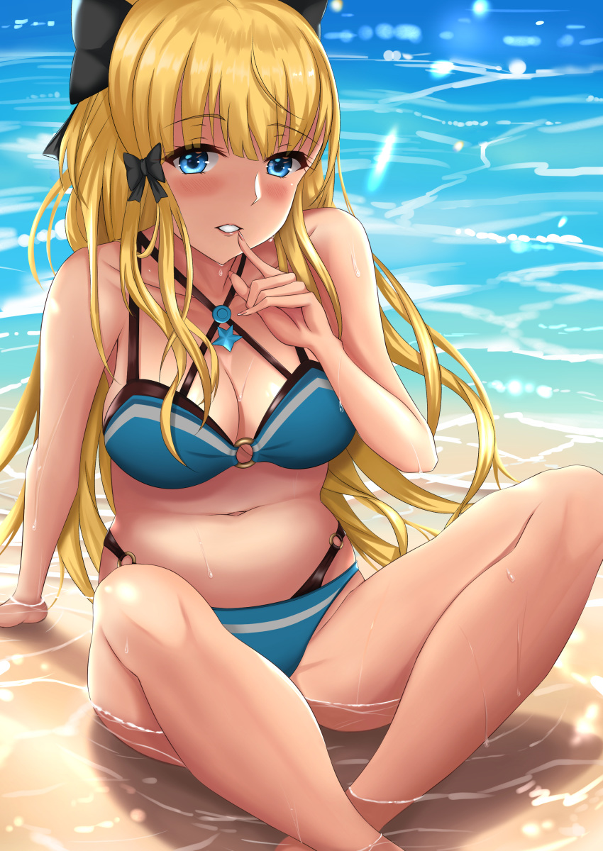 1girl absurdres bangs bikini black_bow blonde_hair blue_eyes blush bow breasts elf eyebrows_visible_through_hair flower hair_bow hair_flower hair_ornament highres large_breasts long_hair looking_at_viewer navel open_mouth pointy_ears ponytail princess_connect! princess_connect!_re:dive saren_(princess_connect!) shinya_shio smile solo swimsuit