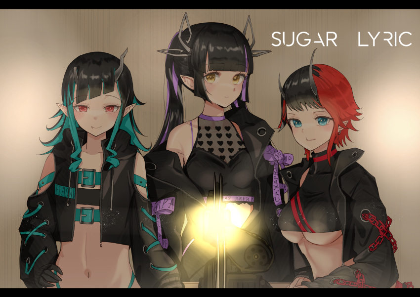 3girls absurdres bangs belt beltbra black_gloves black_hair black_jacket black_sports_bra blue_belt blue_eyes blue_hair blunt_bangs blush breasts chain chest_belt closed_mouth clothing_cutout commentary copyright_name cropped_jacket cross-laced_sleeves demon_girl demon_horns demon_tail earrings eyebrows_visible_through_hair fang flat_chest gloves heart highres horns jacket jewelry kojo_anna large_breasts letterboxed long_hair long_sleeves looking_at_viewer medium_breasts midriff multicolored_hair multiple_girls navel open_clothes open_jacket pointy_ears purple_hair red_eyes redhead ryugasaki_rene sankyo_(821-scoville) shishio_chris short_hair shoulder_cutout smile sports_bra sugar_lyric tail twintails two-tone_hair under_boob upper_body virtual_youtuber yellow_eyes