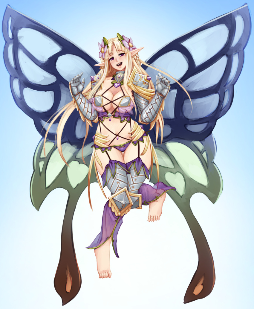 1girl :d armor barbariank barefoot bikini_armor blonde_hair blue_background blush breasts cleavage fairy female flower full_body gauntlets gradient gradient_background hair_flower hair_ornament highres large_breasts long_hair looking_at_viewer monster_girl monster_girl_encyclopedia open_mouth panties pauldrons pointy_ears purple_panties smile solo titania_(monster_girl_encyclopedia) underwear violet_eyes wings