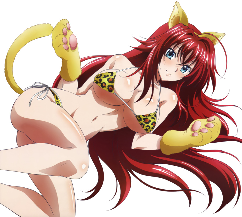 animal_ears animal_tail bikini blue_eyes blush breasts cat_ears cat_tail cleavage high_school_dxd large_breasts long_hair redhead rias_gremory smile swimsuit tail under_boob