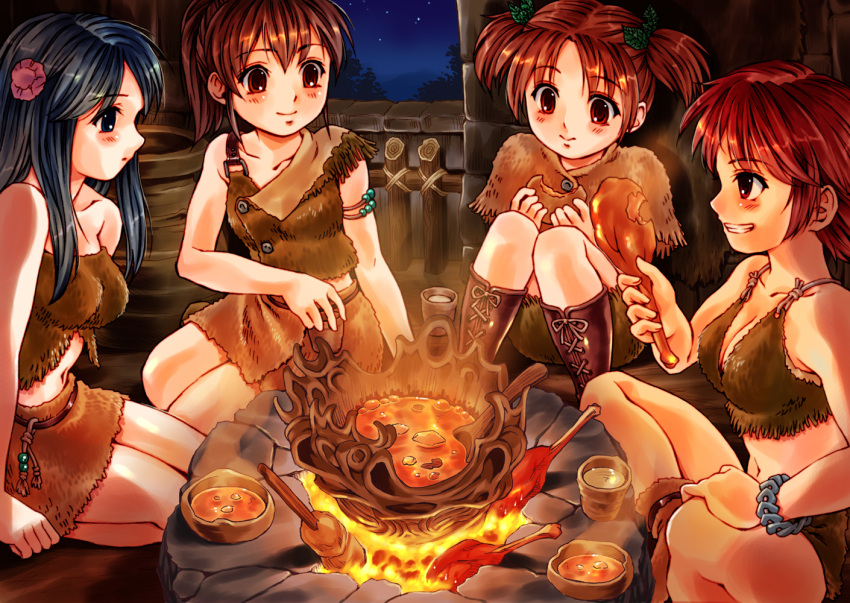 4girls blue_hair brown_hair character_request copyright_request fire food highres jomon_period long_hair meat midriff multiple_girls night pizza_man redhead sitting tagme