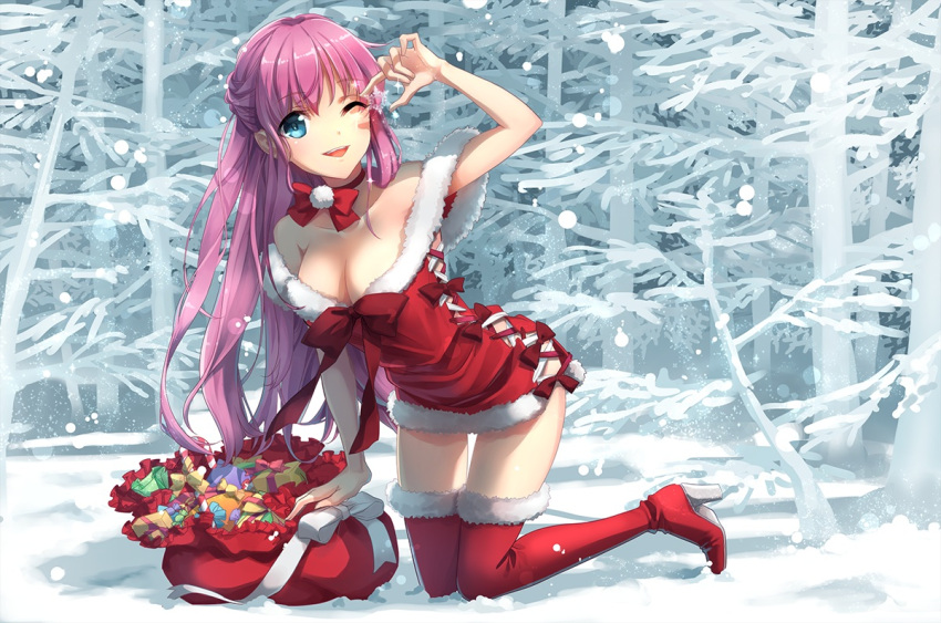 1girl blue_eyes boots bow breasts chocofox christmas cleavage collar forest high_heel_boots high_heels long_hair nature original pink_hair santa_costume snow solo thigh-highs thigh_boots tree wink winter