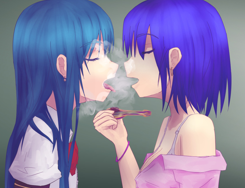 2girls artist_request bare_shoulders blue_hair bow bowtie bra bracelet breasts cleavage closed_eyes collared_shirt drugs earrings forced_to_smoke grey_background hinanawi_tenshi holding incipient_kiss jewelry long_hair marijuana multiple_girls mutual_yuri nagae_iku neck off_shoulder open_clothes open_mouth open_shirt pipe purple_hair shirt short_hair smoke smoking tongue tongue_out touhou underwear upper_body yuri