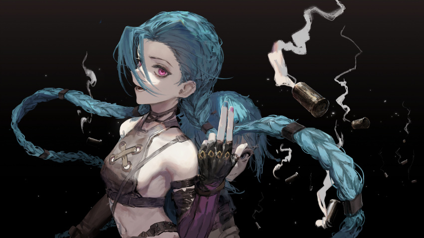 2girls absurdres arcane:_league_of_legends bangs black_background black_gloves black_shirt blue_hair blue_nails breasts bullet commentary commentary_request detached_sleeves fingerless_gloves floating_hair from_side gloves hand_up highres jinx_(league_of_legends) league_of_legends long_sleeves looking_at_viewer multicolored_nails multiple_girls nail_polish open_mouth pink_eyes pink_nails rsef shirt shoulder_tattoo sideways_glance sleeveless sleeveless_shirt small_breasts smile smoke tattoo twintails