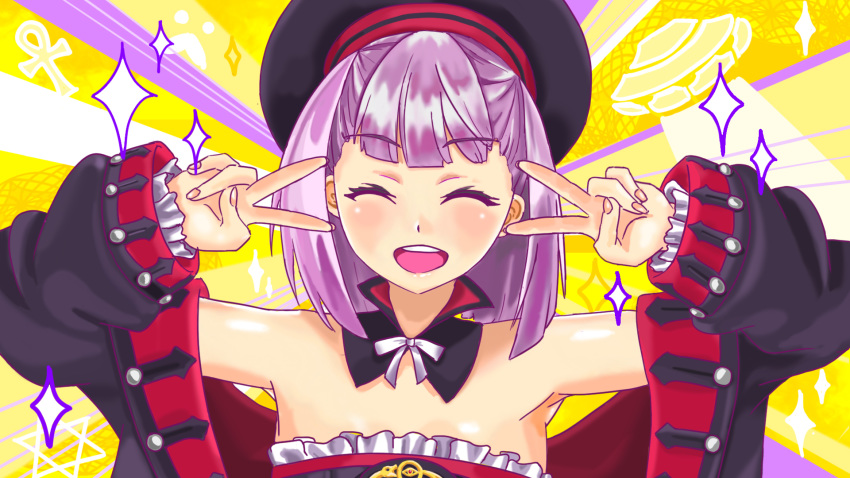 1girl ankh artist_request bangs bare_shoulders black_coat black_dress black_headwear blush breasts closed_eyes coat detached_collar double_v dress emotional_engine_-_full_drive fate/grand_order fate_(series) flat_chest hands_up helena_blavatsky_(fate/grand_order) hexagram highres long_sleeves off_shoulder open_clothes open_coat open_mouth parody purple_background purple_hair short_hair smile solo sparkle star_of_david strapless strapless_dress striped striped_background ufo v yellow_background