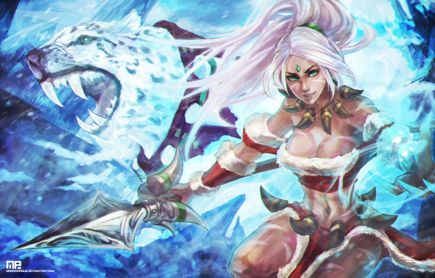 1girl alternate_color alternate_costume breasts cleavage league_of_legends midriff monori_rogue navel nidalee ponytail solo spear stomach tribal white_hair