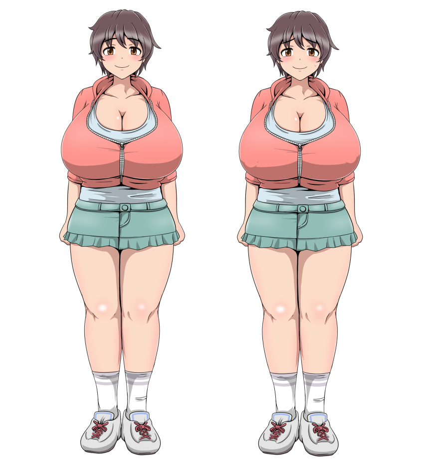 1girl artist_request blush breasts brown_eyes brown_hair cleavage curvy erect_nipples full_body gigantic_breasts idolmaster looking_at_viewer oikawa_shizuku plump shoes short_hair skirt smile sneakers solo standing thick_thighs