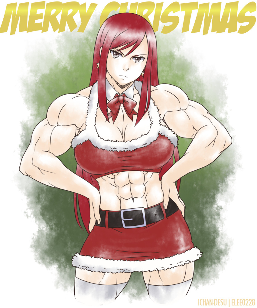 1girl abs belt biceps bow bowtie breasts brown_eyes christmas cleavage earrings elee0228 erza_scarlet extreme_muscles fairy_tail female hands_on_thighs ichan-desu jewelry looking_at_viewer muscle navel redhead solo