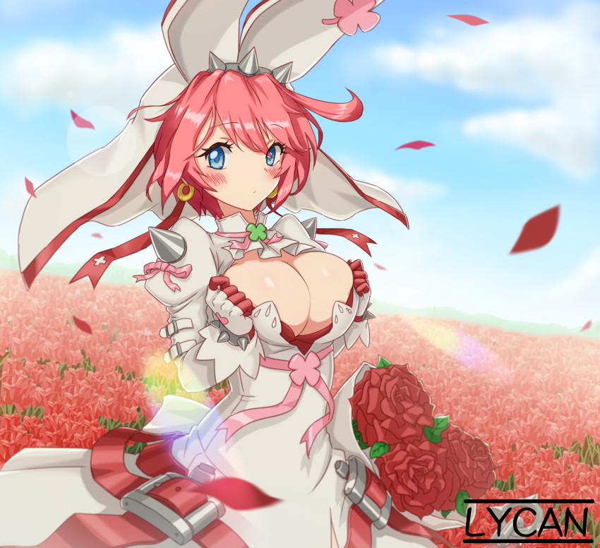 1girl ahoge arc_system_works blue_eyes blush bouquet breasts bridal_veil bursting_breasts cleavage cleavage_cutout dress elphelt_valentine female flower gloves guilty_gear guilty_gear_xrd large_breasts looking_at_viewer lycan pink_hair red_rose ribbon rose roses shiny shiny_hair shiny_skin short_hair sky solo spikes veil wedding_dress white_dress