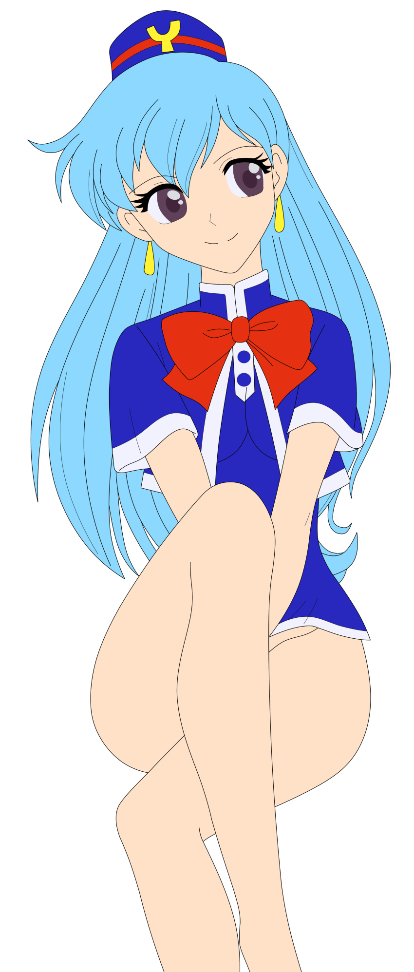 1girl 90s absurdres aqua_hair bangs black_background breasts cropped_legs dress eyelashes female hat head_tilt highres hips legs legs_crossed long_hair no_panties photoshop short_dress simple_background smile solo stewardess tenjouin_katsura thighs vector_trace violet_eyes yat_anshin_uchuu_ryokou