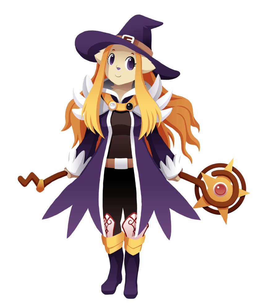 1girl artist_request blonde_hair boots dog female full_body furry hat long_hair simple_background solo violet_eyes witch
