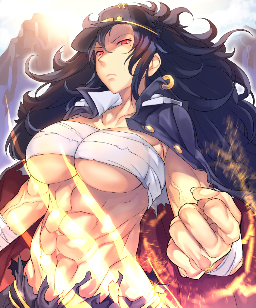 1girl abs absurdres aura banchou black_hair breasts cleavage daidouji_(senran_kagura) female hat highres large_breasts long_hair looking_at_viewer mole mole_under_eye muscle onoderaonoderao open_clothes red_eyes sarashi senran_kagura senran_kagura_(series) solo toned under_boob veins visor_cap