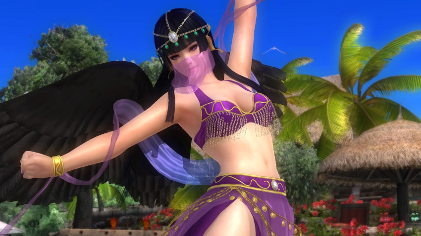 1girl 3d alternate_costume alternate_hairstyle arabian_clothes arched_back arm_up armpits beach black_hair dancer dancing dead_or_alive dead_or_alive_5 harem_outfit highres hime_cut jewelry long_hair midriff navel nyotengu rustiko2390 screencap solo veil violet_eyes