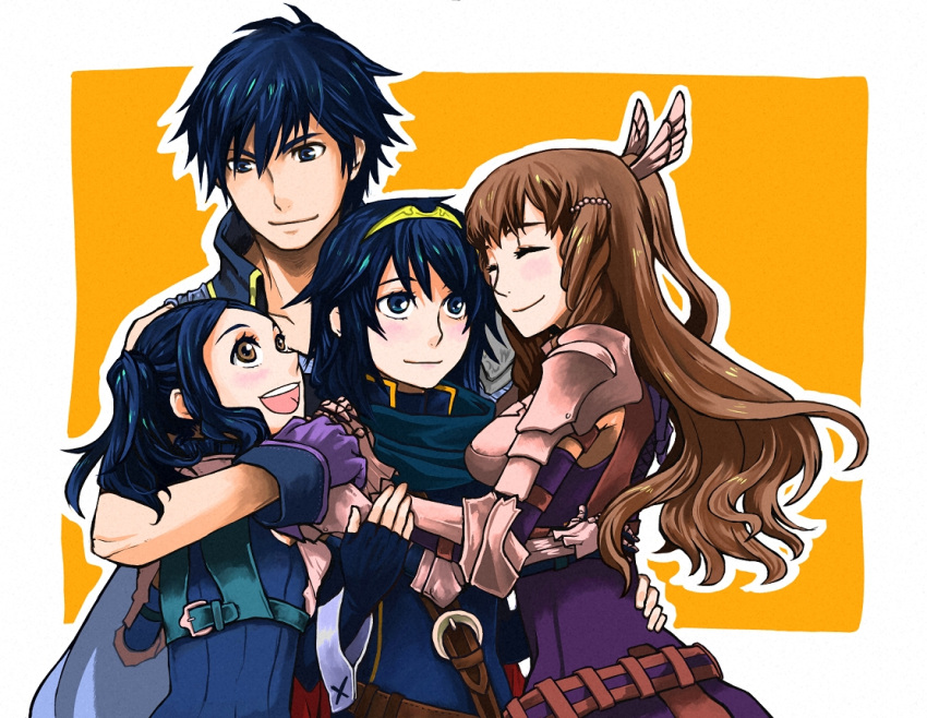 1boy 3girls ariazi cynthia_(fire_emblem) family fire_emblem fire_emblem:_kakusei group_hug hug husband_and_wife krom lucina multiple_girls sumia