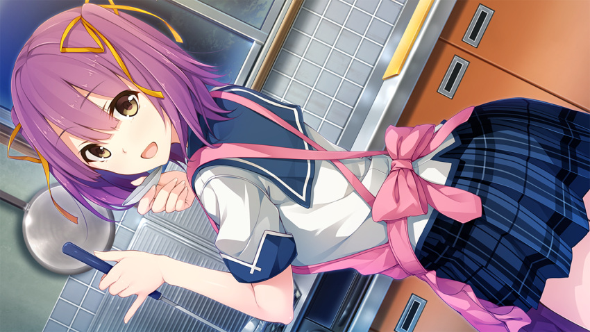 1girl akabei_soft apron ass blush dutch_angle game_cg hair_ribbon happy highres kitchen legs looking_at_viewer open_mouth purple_hair ribbon school_uniform skirt smile solo sorairo_innocent standing thighs tsubaki_ami twintails unasaka_ryou window yellow_eyes