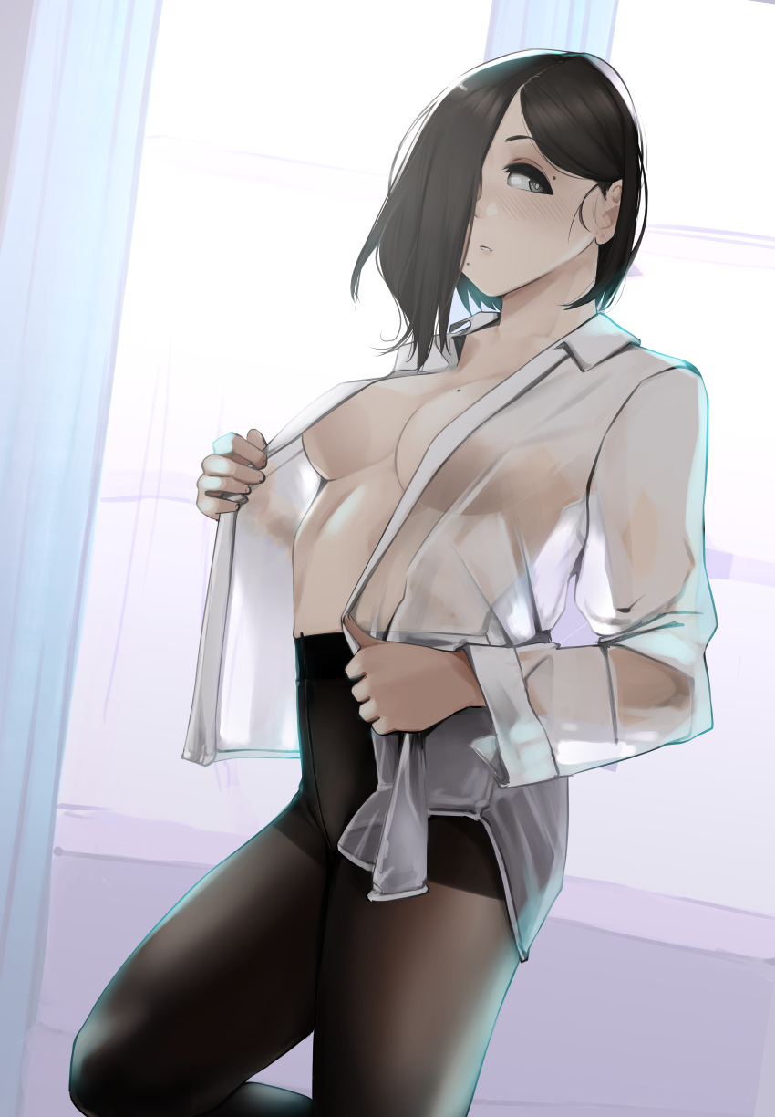 1girl absurdres black_hair black_legwear blush breasts closed_mouth collared_shirt commentary_request grey_eyes hair_over_one_eye highres indoors long_bangs long_sleeves looking_at_viewer medium_hair mole mole_on_breast mole_under_mouth no_bra open_clothes open_shirt original pantyhose rain_prophet see-through shirt solo standing