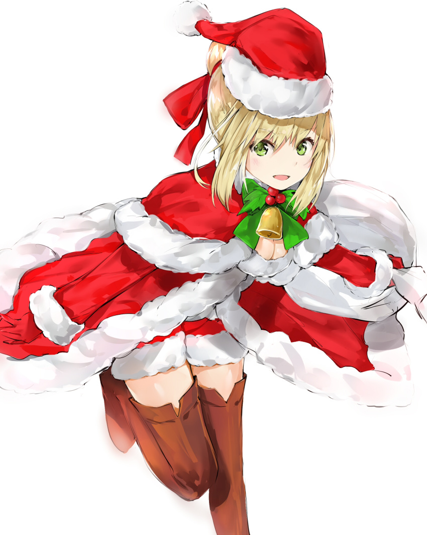 1girl absurdres alternate_costume bell blonde_hair boots breasts capelet fate/grand_order fate_(series) fur_trim gloves green_eyes hat highres looking_at_viewer red_gloves saber_extra sack santa_costume santa_hat silver_(chenwen) sketch solo standing standing_on_one_leg