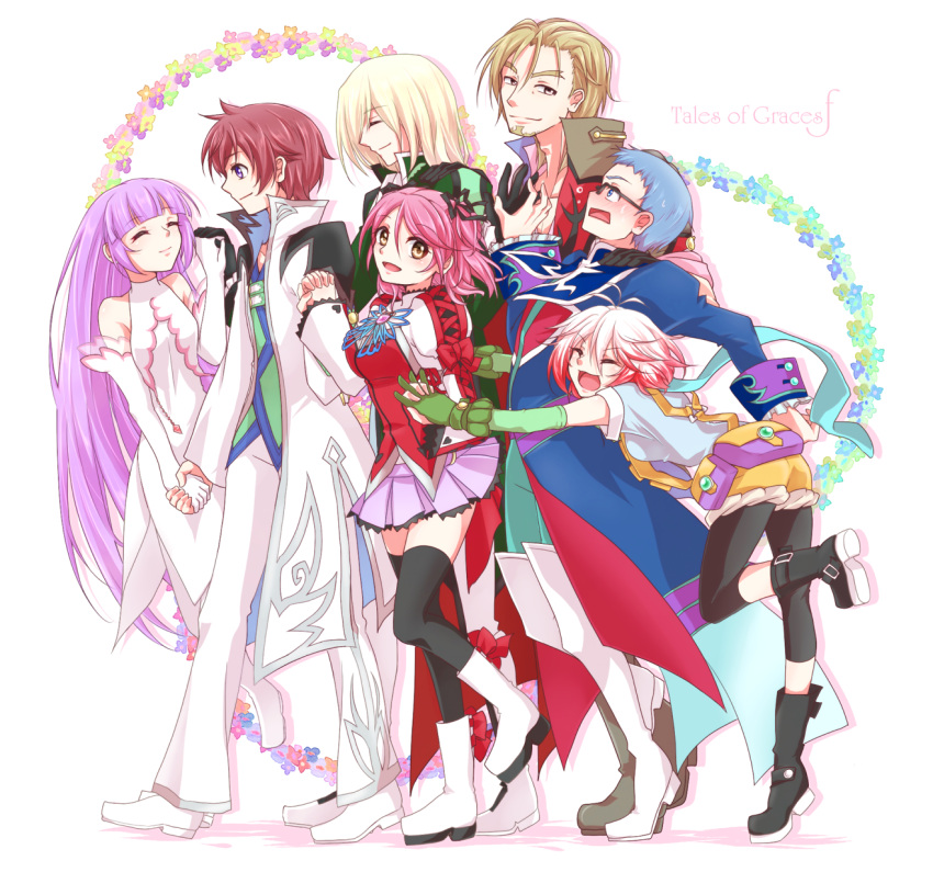 3girls 4boys asbel_lhant cheria_barnes full_body hubert_ozwell karasumi_(aiseec) malik_caesars multiple_boys multiple_girls pascal_(tales) plant richard_(tales) sophie_(tales) tales_of_(series) tales_of_graces white_background