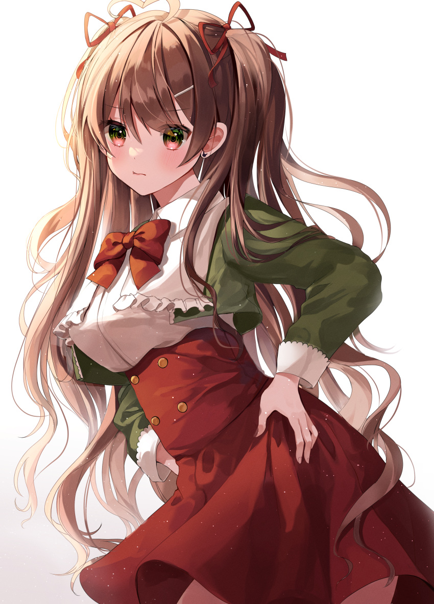 1girl absurdres ahoge bangs blush bow bowtie breasts brown_hair closed_mouth corset cowboy_shot cropped_jacket earrings eyebrows_visible_through_hair green_jacket hair_ribbon hands_on_hips highres huge_filesize jacket jewelry long_hair long_sleeves looking_at_viewer medium_breasts myowa open_clothes open_jacket original red_bow red_eyes red_neckwear red_ribbon red_skirt ribbon shirt simple_background skirt solo underbust very_long_hair wavy_hair white_background white_shirt