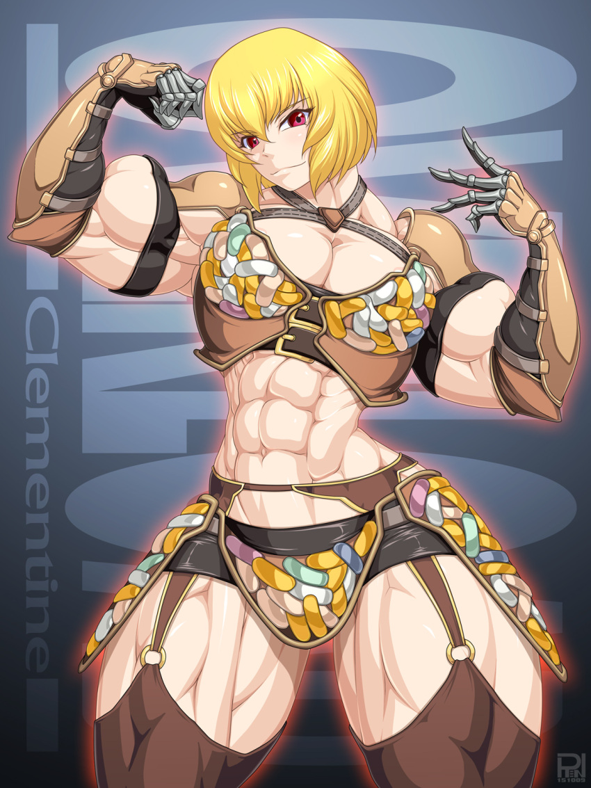 1girl abs biceps blonde_hair breasts cleavage clementine_(overlord) criss-cross_halter extreme_muscles female flexing gloves halter_top halterneck muscle navel overlord_(maruyama) pose red_eyes ren_(tainca2000) solo thigh-highs