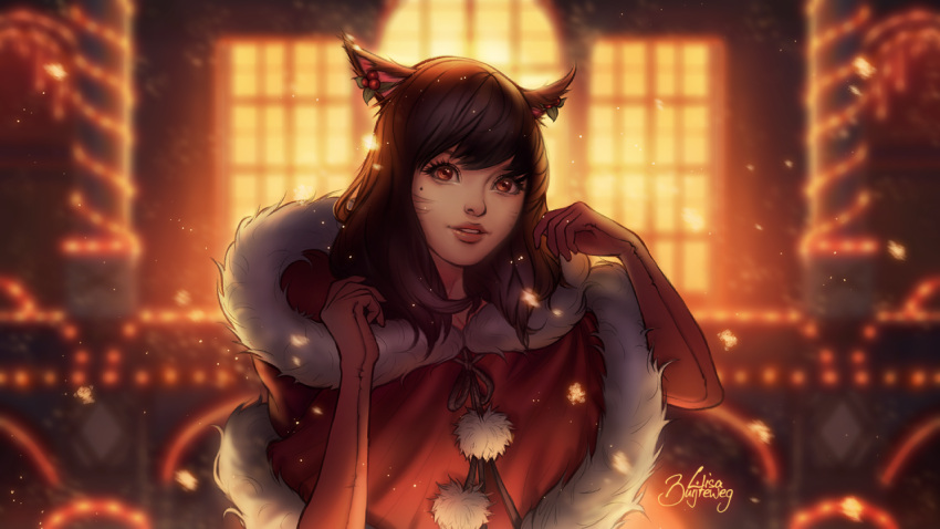 1girl black_hair building cat_ears christmas elbow_gloves facial_mark final_fantasy final_fantasy_xiv fur_trim gloves hood looking_at_viewer miqo'te parted_lips snowing solo window zolaida