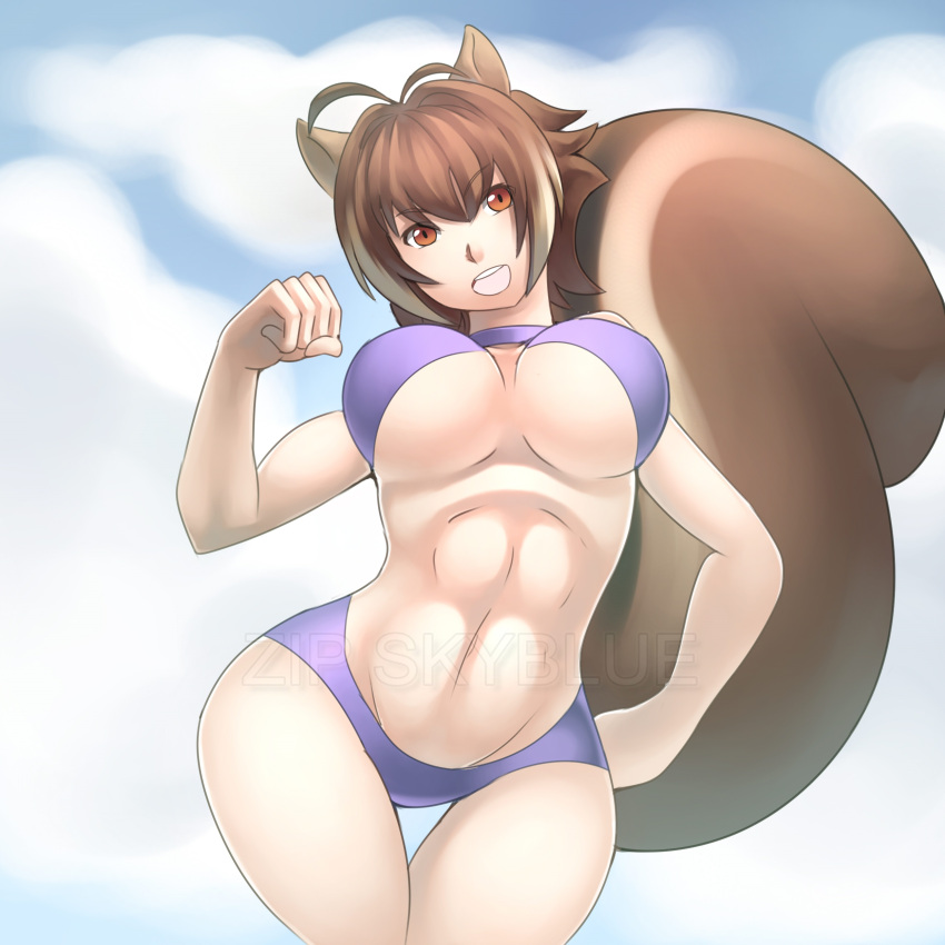 1girl absurdres animal_ears antenna_hair blazblue breasts brown_eyes brown_hair choker cleavage clenched_hand contrapposto female hand_on_hip highres large_breasts looking_at_viewer makoto_nanaya navel open_mouth ryukenden solo squirrel_ears squirrel_tail swimsuit tail thigh_gap toned under_boob watermark wide_hips
