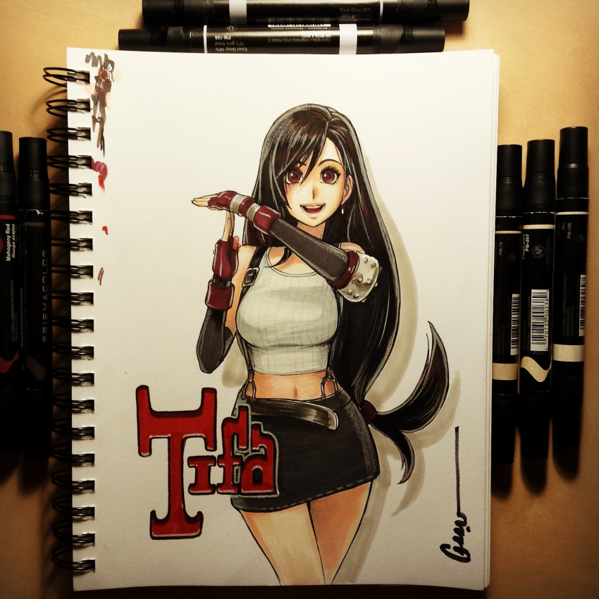 1girl black_hair final_fantasy final_fantasy_vii looking_at_viewer midriff omar_dogan skirt solo suspenders tank_top tifa_lockhart traditional_media