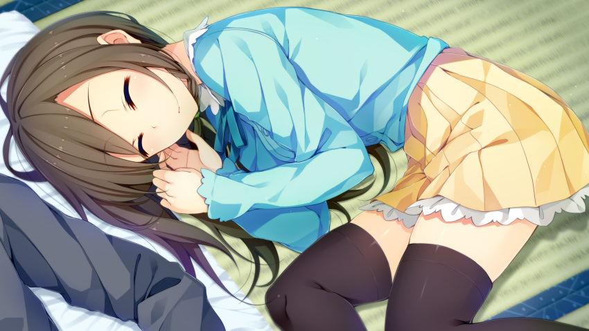 1girl akabei_soft black_hair black_legwear blush breasts closed_eyes futon game_cg highres legs long_hair long_sleeves lying on_side skirt sleeping solo_focus sorairo_innocent thigh-highs thighs tsukigase_mahiru unasaka_ryou