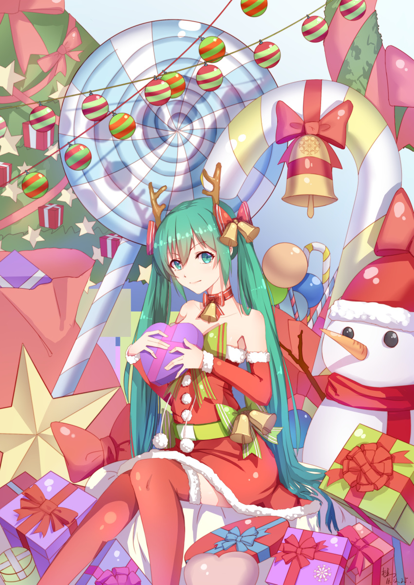 1girl 2016 absurdres antlers bell bell_choker belt candy candy_cane carrot choker christmas christmas_ornaments christmas_tree dated detached_sleeves food gift green_eyes green_hair hatsune_miku highres lollipop long_hair looking_at_viewer santa_costume sitting snowman solo star swirl_lollipop thigh-highs twintails very_long_hair vocaloid