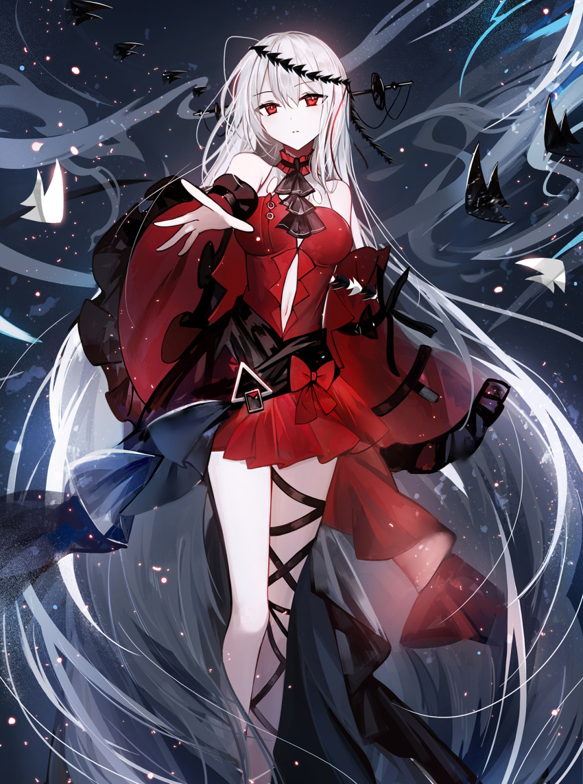 1girl arknights bangs bare_legs bare_shoulders black_ribbon breasts commentary_request dress eyebrows_visible_through_hair feet_out_of_frame hair_between_eyes highres leg_ribbon long_hair long_sleeves looking_at_viewer moemoe3345 no_hat no_headwear red_dress red_eyes ribbon short_dress silver_hair skadi_(arknights) skadi_the_corrupting_heart_(arknights) small_breasts solo standing very_long_hair wide_sleeves