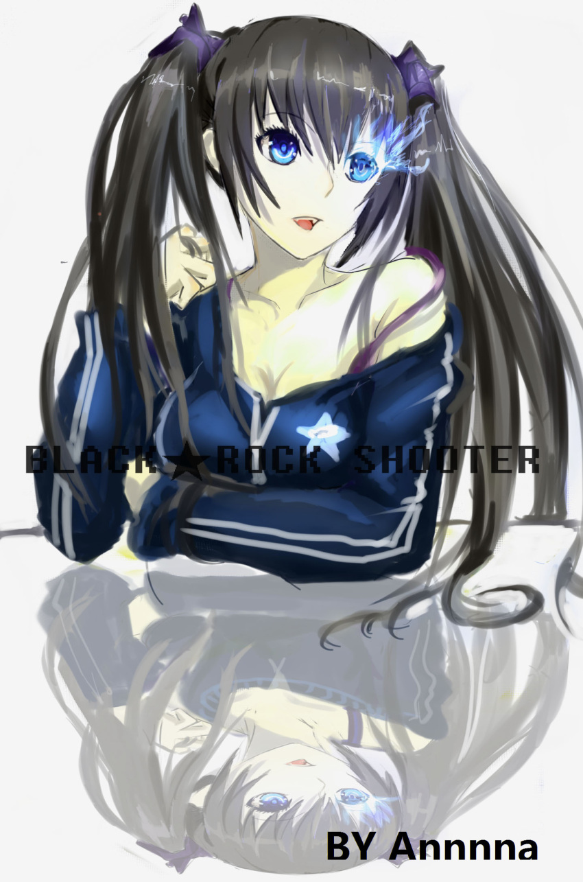1girl annnna artist_name black_hair black_rock_shooter black_rock_shooter_(character) blue_eyes breasts burning_eye character_name cleavage highres long_hair solo twintails