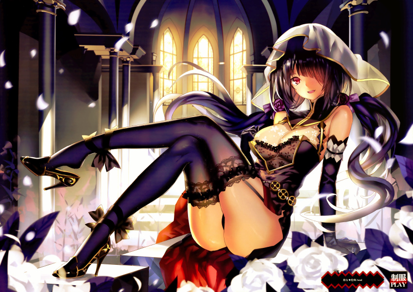 1girl arm_support bare_shoulders black_gloves black_hair black_legwear breasts cleavage date_a_live female flower garter_straps gloves hair_over_one_eye high_heels large_breasts legs legs_crossed long_hair long_legs looking_at_viewer miyazaki_byou red_eyes rose see-through shoe_dangle smile solo thigh-highs tokisaki_kurumi twintails white_rose