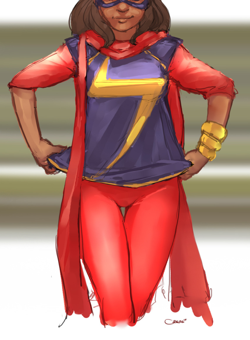 1girl bracelet brown_hair darren_geers emblem head_out_of_frame jewelry kamala_khan marvel ms._marvel scarf shirt_lift smile solo thigh_gap tight_pants upper_body