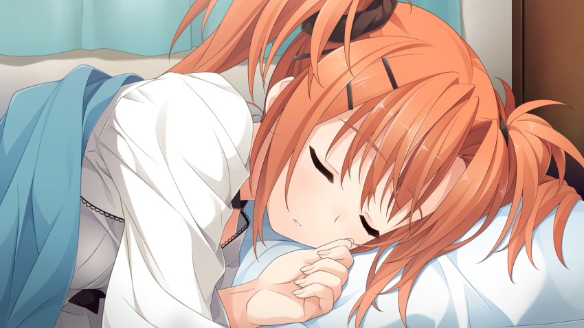 1girl bed close female game_cg hashimoto_takashi imouto_no_katachi orange_hair sleeping solo sphere sumeragi_ayaka twintails