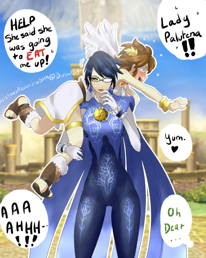 1boy 1girl angel bayonetta bayonetta_(character) bayonetta_2 carrying english kid_icarus kid_icarus_uprising mistress_alexandra nintendo over_shoulder pit_(kid_icarus) speech_bubble super_smash_bros. wings