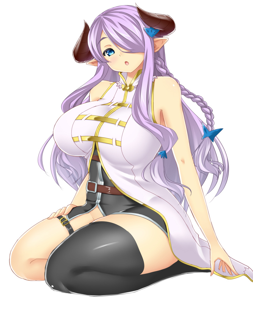 1girl absurdres bare_shoulders black_legwear blue_eyes braid breasts cow_girl cow_horns female granblue_fantasy hair_over_one_eye hair_ribbon highres horns huge_breasts kneeling long_hair looking_at_viewer miniskirt mokkori9 narumeia_(granblue_fantasy) no_panties plump pointy_ears purple_hair ribbon simple_background skirt solo thick_thighs thigh-highs white_background wide_hips