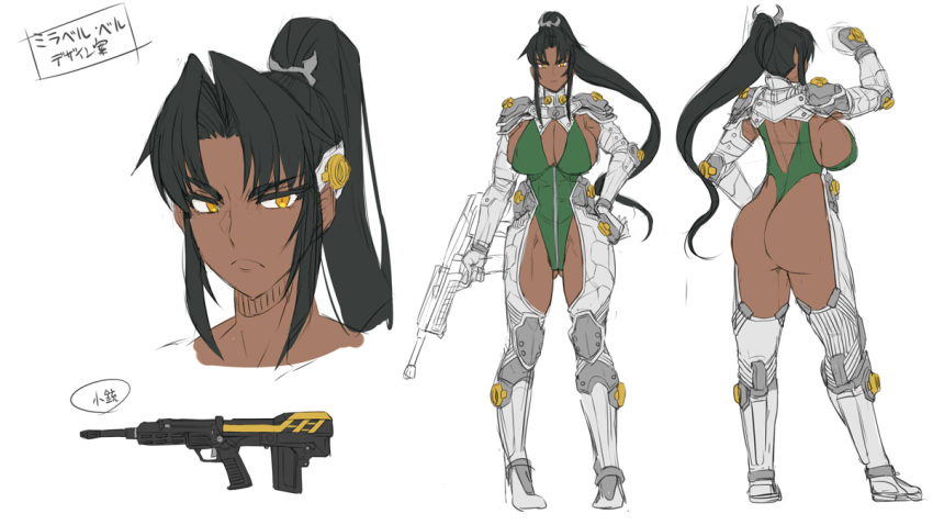 1girl ass back black_hair breasts character_sheet cleavage concept_art dark_skin gun hand_up high_ponytail highleg highleg_leotard holding holding_weapon huge_breasts leotard lilith-soft long_hair mirabell_bell muscle obui orange_eyes ponytail sideboob simple_background sketch solo taimanin_asagi taimanin_asagi_battle_arena thighs weapon